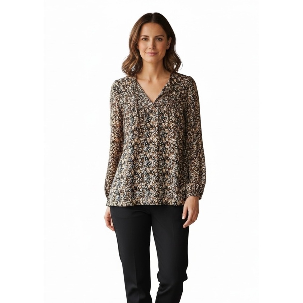 LC Lauren Conrad Floral Pintuck Split Neck Blouse XL Orange Blue Long Sleeve